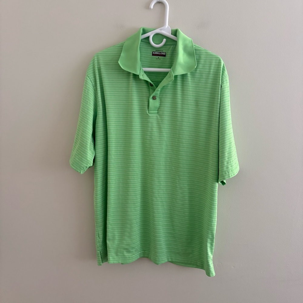 Kirkland Men’s XL Green Short Sleeve Polo Shirt Golf Bright Striped Small Mark